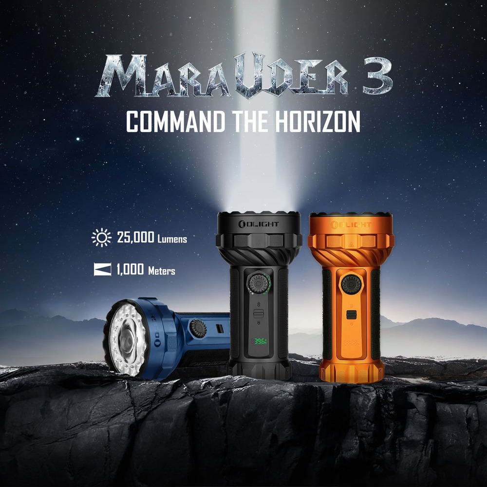 Olight Marauder 3 v modrej, čiernej a oranžovej; pôvodná grafika Command the Horizon s lúčom do nočnej oblohy